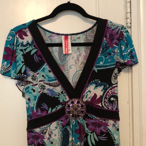 Blue Purple Black Dress with front purple broach - Picture 2 of 4